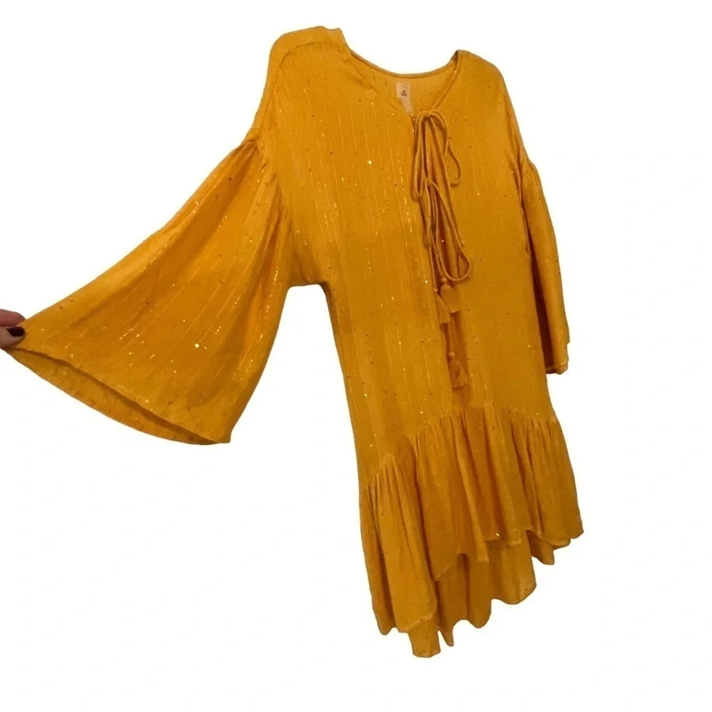 NWT PilyQ Haven Angelica Sequin Tunic XS/S Mustard Yellow Ruffled Swim Coverup